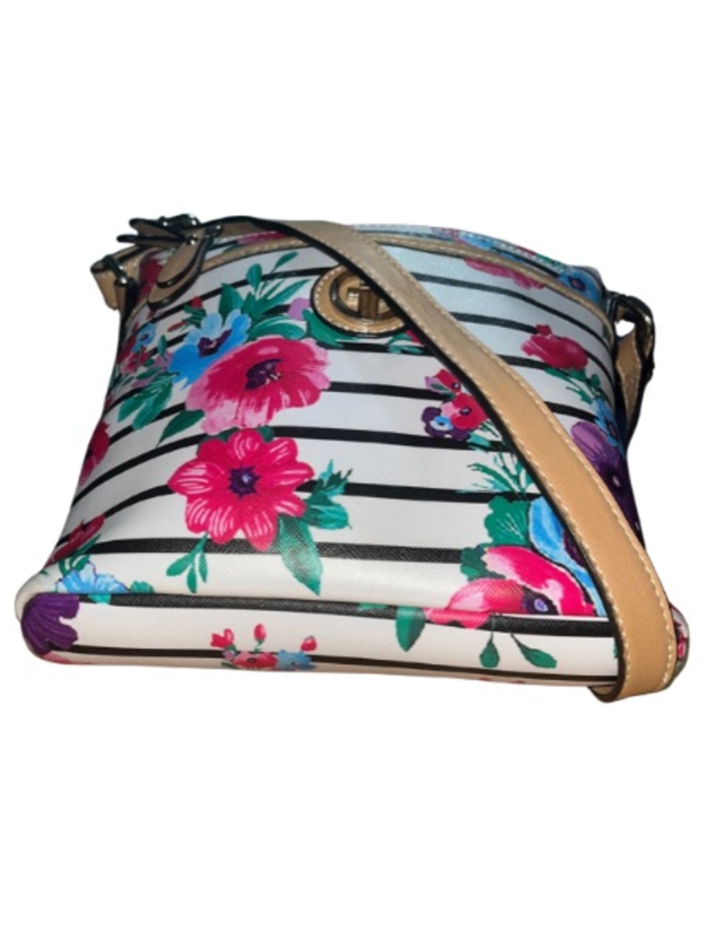 Giani Bernini Floral Stripe Faux Saffiano Crossbody Bag W/Tan Trim, GUC - Picture 2 of 9